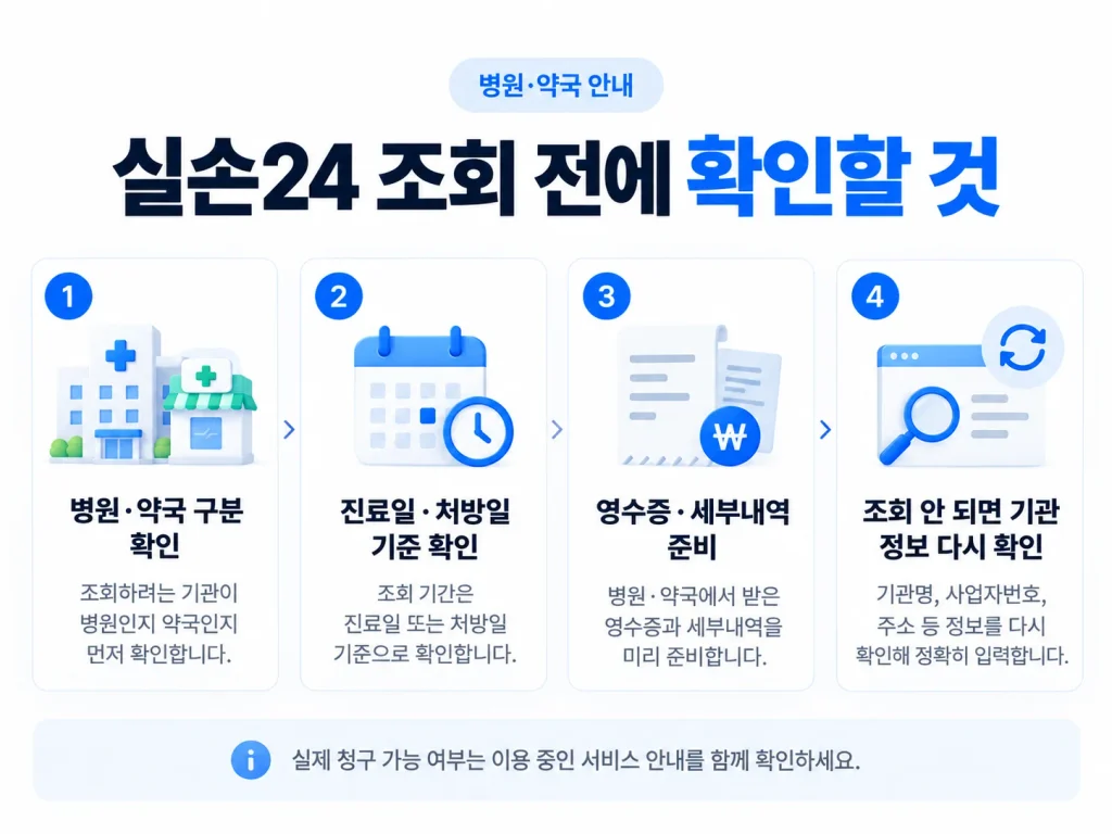 실손24에서 병원이나 약국 조회 전에 먼저 확인할 사항을 정리한 안내 이미지