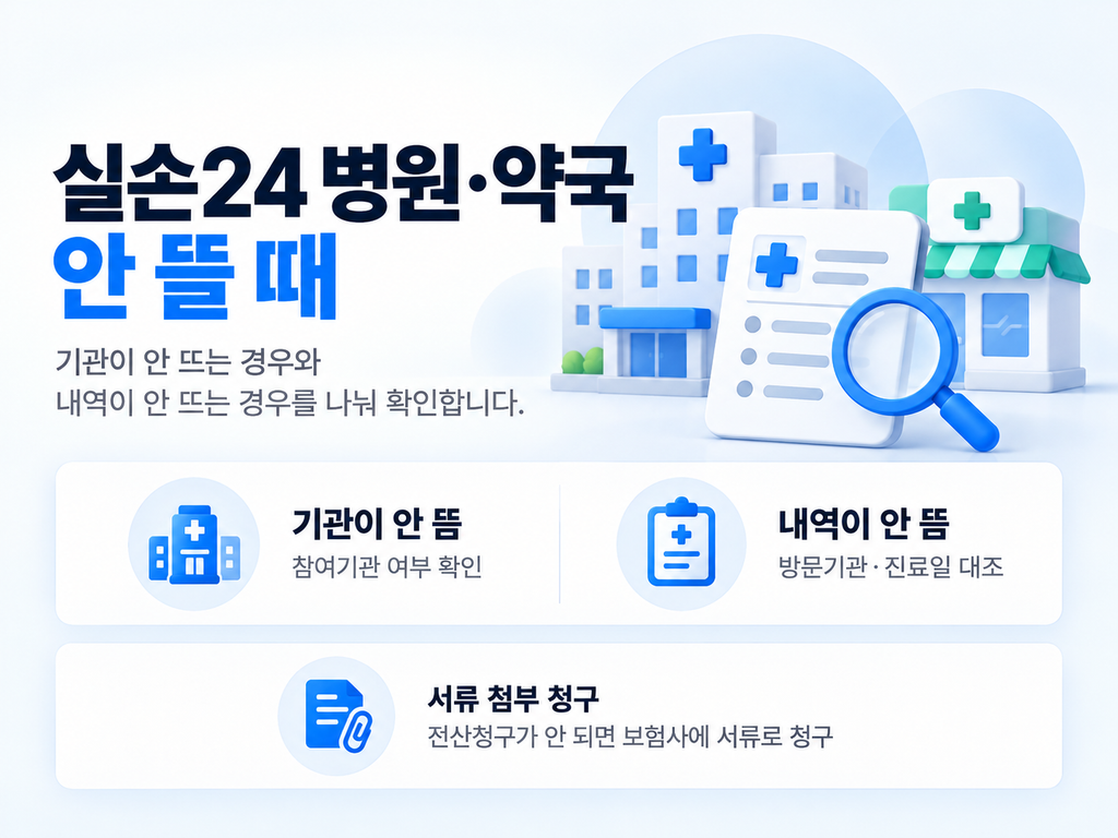 실손24에서 병원·약국이 안 보이는 경우와 진료·조제내역이 안 보이는 경우를 나누고, 보험사 서류 청구 방법을 안내하는 그림